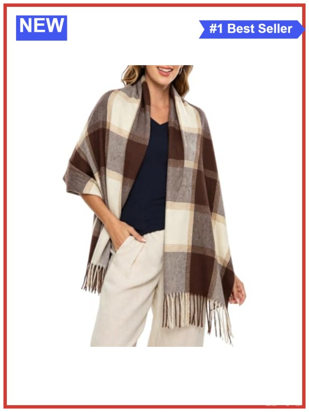 Chunky Plaid Blanket Scarf Large Shawl Wrap with Fringe